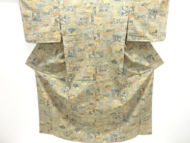 未使用品　風景に古典柄手織り紬単衣着物